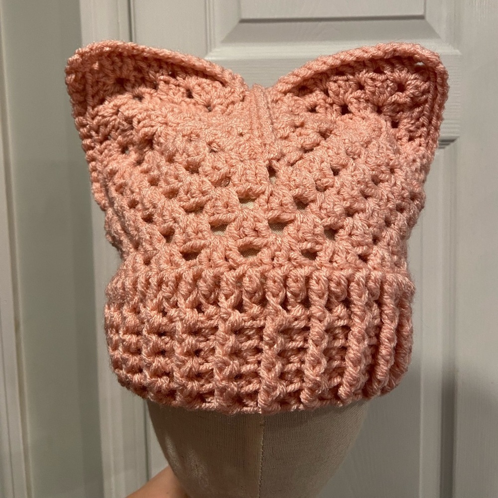 Handmade Crochet Cat Animal Ear Beanie Hat Cozy Ribbed Brim Stretch Winter Hat